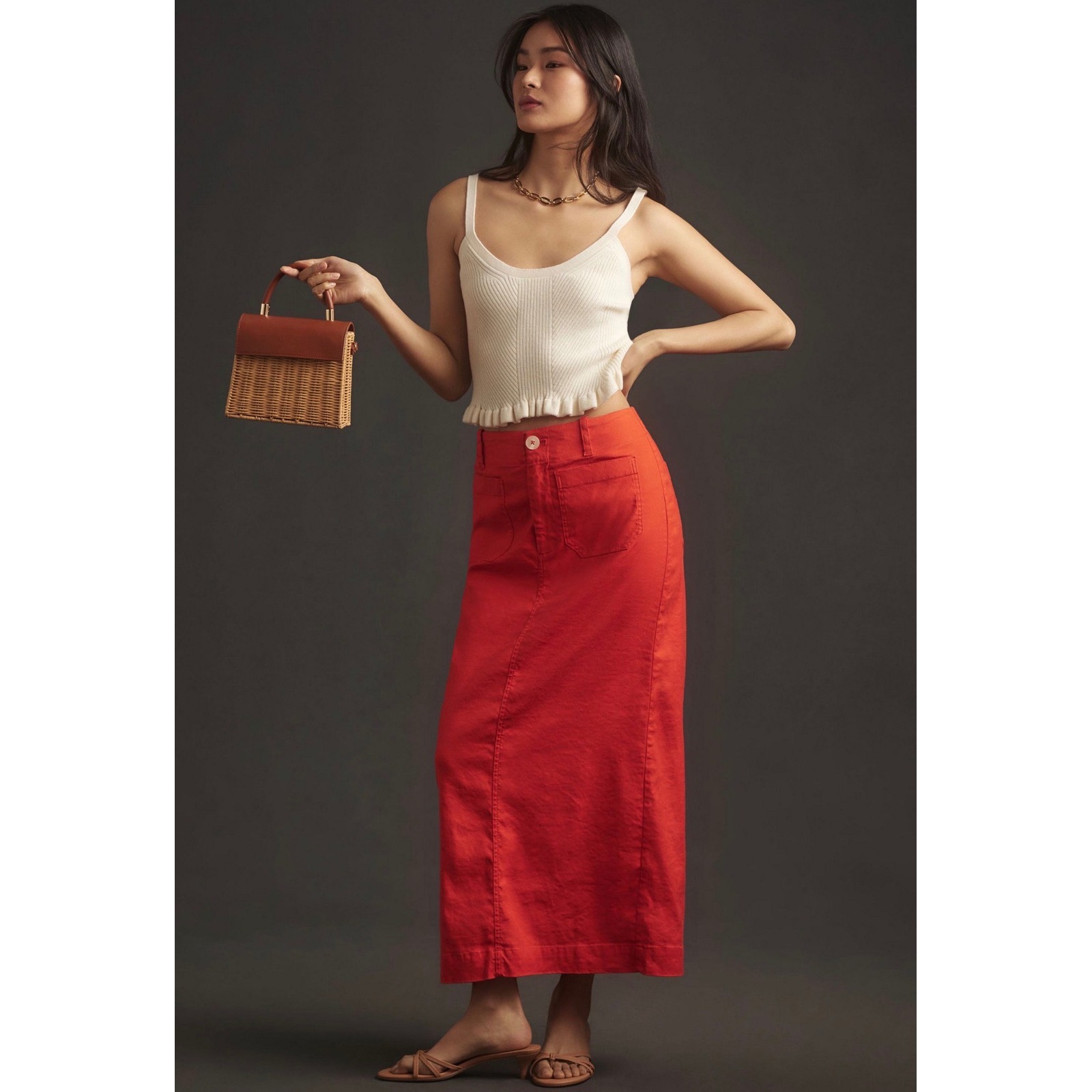 Maeve Anthropologie Colette Maxi Midi Skirt Poppy Red Linen Blend Utility Medium
